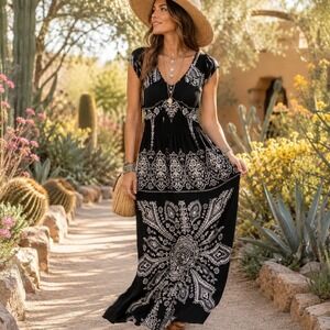 Earthbound Trading Co Black White Boho Paisley Maxi Dress Size Large Western